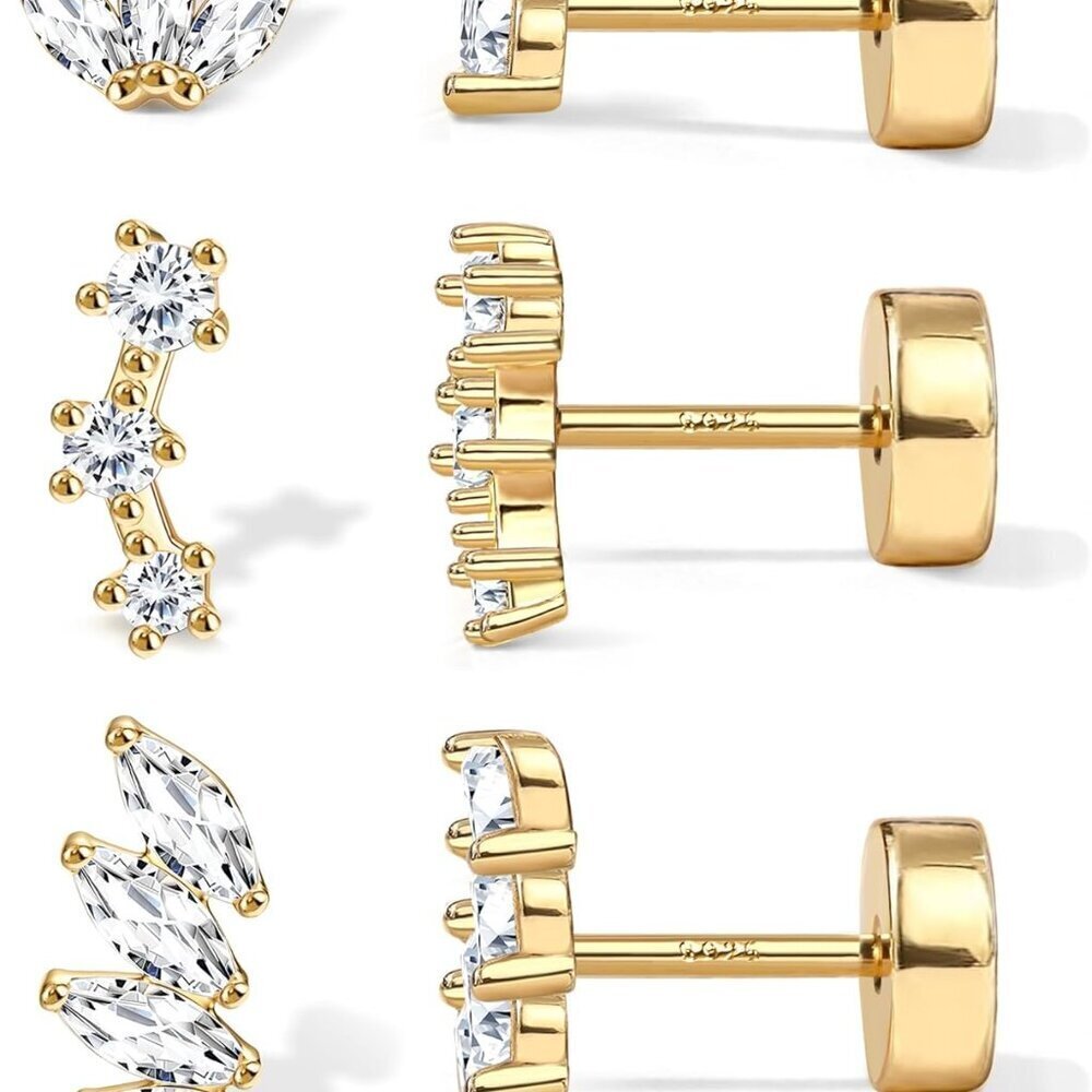 Sterling Silver Flat Back Stud Earrings Hypoallergenic 14K Gold Plated Jewelry